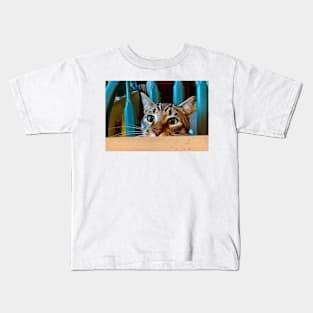 Cat Peeking Over Kitchen Table Kids T-Shirt